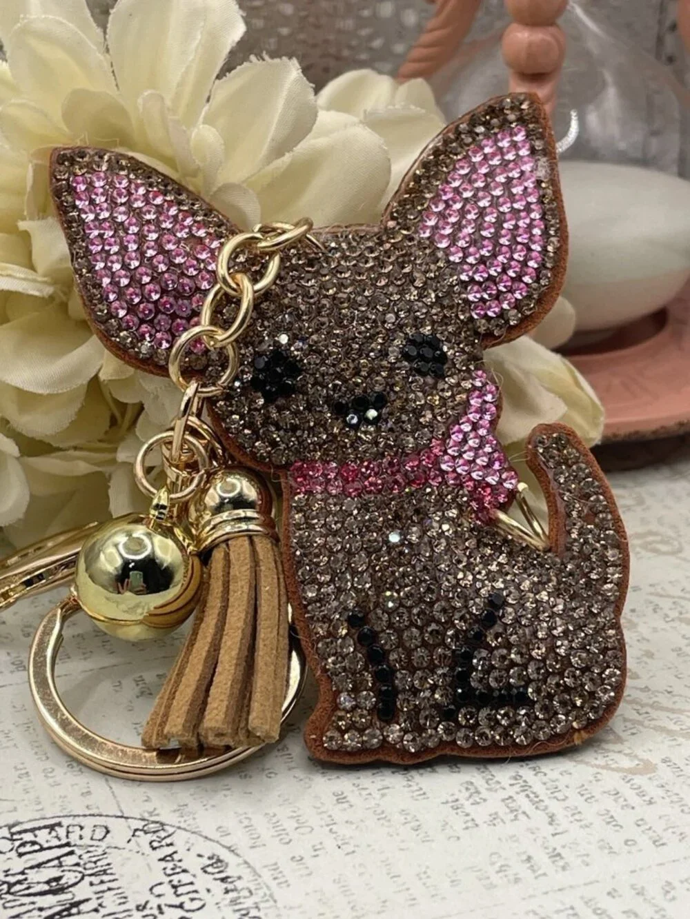 Bling Pink Brown Sparkling Rhinestone Chihuahua Keychain Gold Purse charm Gift